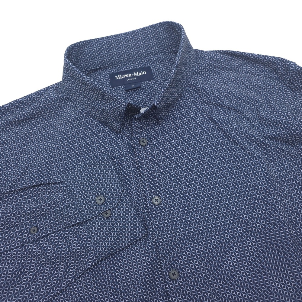 Mizzen+Main Leeward Trim Fit Shirt XL Navy Blue Geometric Stretch Button Down